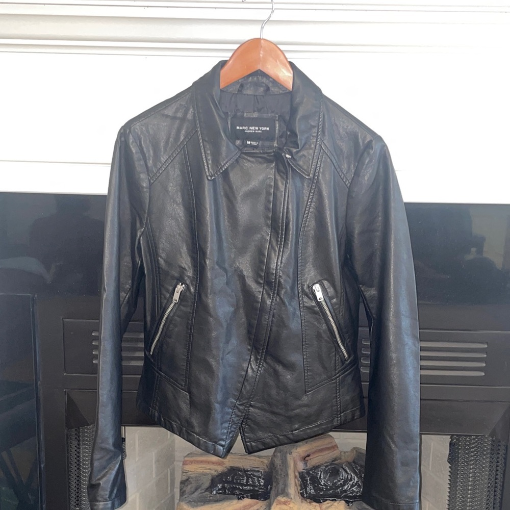 Marc New York Black Faux Leather Asymmetric Zip Jacket, size M